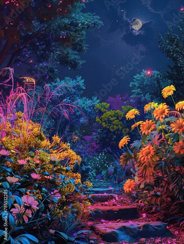 A garden where all the flowers are shades of neon, glowing softly under the moonlight © Shutter2U