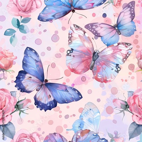 Adorable  pretty butterflies pattern with flowers and butterflies on watercolor background.