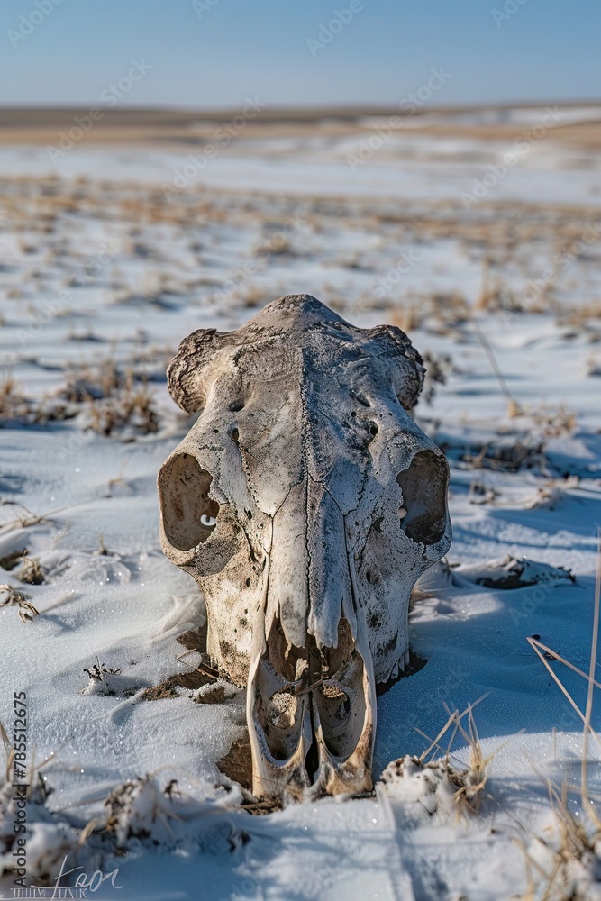 Closeup of a weathered animal skull on the barren Mongolian steppe, illustrating harsh winter effects
