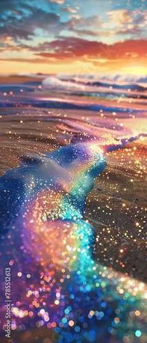 An alien landscape where the sand sparkles in a spectrum of colors, shifting with the wind