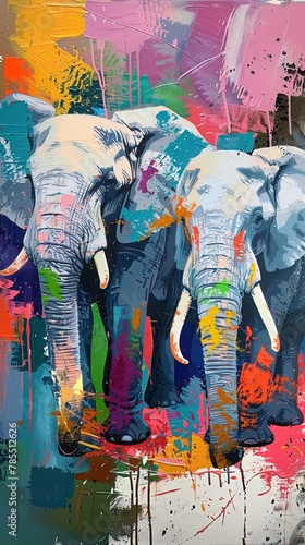 An abstract painting class with elephants using their trunks to splash vibrant hues on canvas