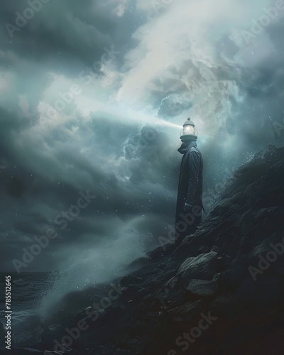 An individual with a lighthouse head, casting beams of light from their eyes, wanders a foggy coast, guiding lost souls to safety, embodying hope and direction photo