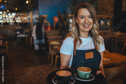 Portrait of girl, student working part-time in cafe, holding cup of coffee, made order, looking for client, wearing uniform. Portrait of kind friendly pleasant girl photo