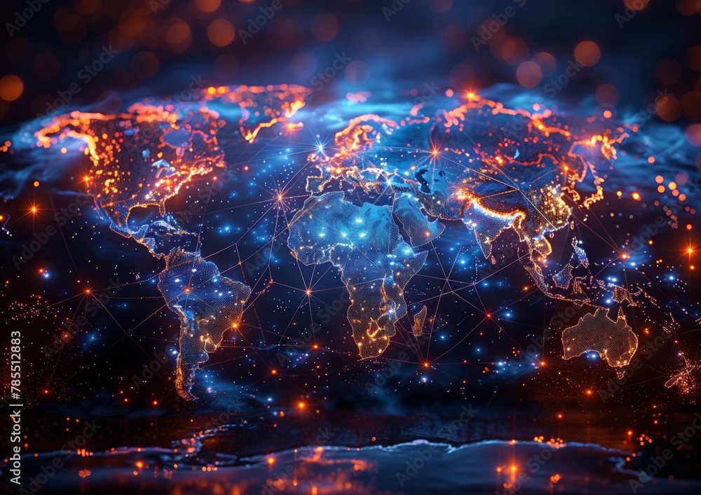 Tech world map, concept of global network, international data transfer and cyber technology Tech world map, concept of global network, international data transfer and cyber technology