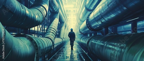 Industrial vigilance, worker amidst network of pipes