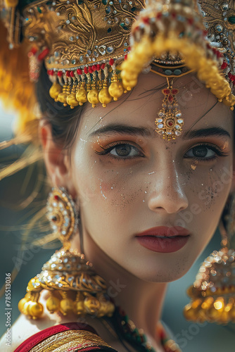 Portrait of a dancer in traditional Thai costume performing during Songkran, with focus on her intricate jewelry