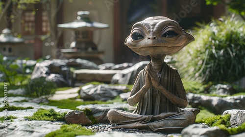 Cinematic scene featuring an amiable extraterrestrial taking a moment to appreciate the tranquility of a zen garden within the corporate campus, finding solace amidst the busy workday