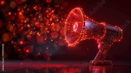 A logo for a promotional campaign using low poly wireframe illustration. 3D computer and megaphone with connected dots.
