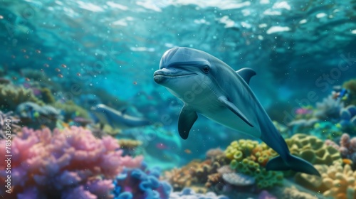 Portrait of a dolphin in the ocean with a colorful marine world