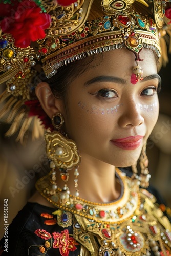 Portrait of a dancer in traditional Thai costume performing during Songkran, with focus on her intricate jewelry