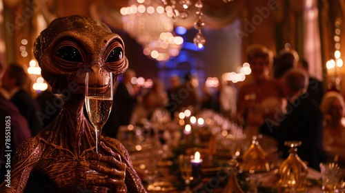 Cinematic scene featuring a curious alien trying a bubbly champagne at a glamorous gala, with glittering chandeliers and elegant guests mingling in the background 01