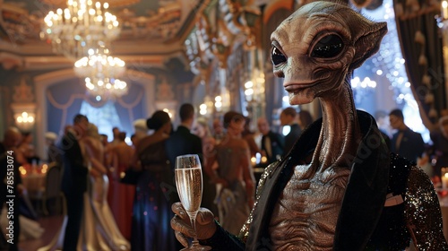 Cinematic scene featuring a curious alien trying a bubbly champagne at a glamorous gala, with glittering chandeliers and elegant guests mingling in the background 02