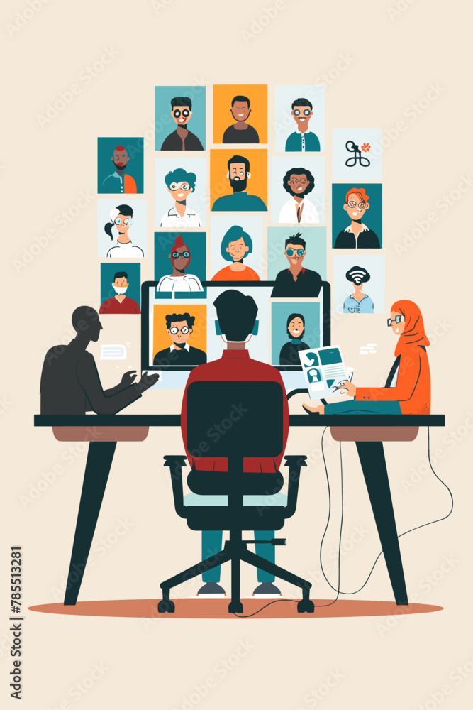 Remote work video conference call, business team meeting online, virtual collaboration using internet wireless technology, flat vector illustration design