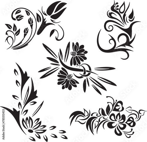 Set of exquisite ornamental floral doodle designs with flowers, roses, buds, violets, cloves, corners in abstract style. spring and summer theme. very clean vector lines, vinyl and laser ready.