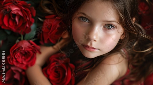 Close-up of a young girl sitting on a rose