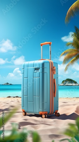 Travel luggage blue suitcase on summer background  