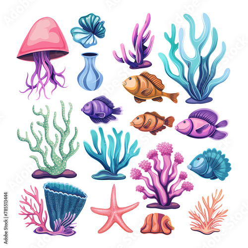 Marine life cute element animal life in under sea isolated on transparent background.
