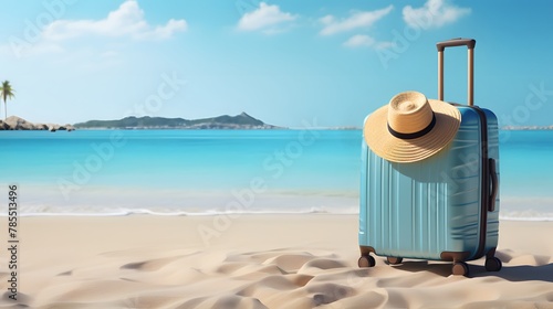 Travel luggage blue suitcase on summer background  