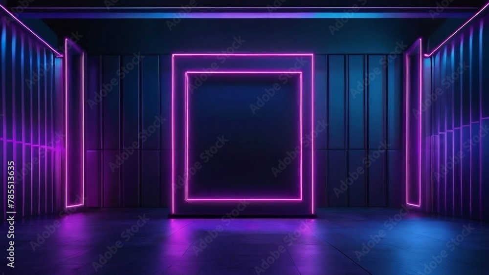 HD neon lights background wallpaper of dark blue, purple, and pink, a dance floor of empty stage show, or a nighttime city street