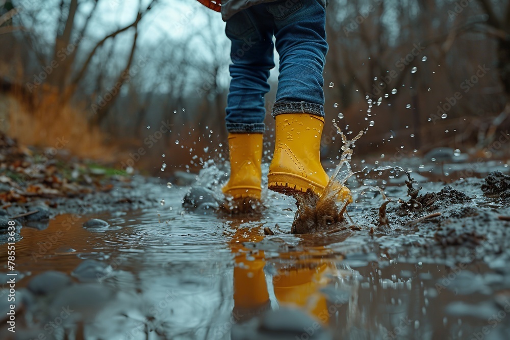 Close-up of Kid's Feet in Yellow Rain Boots Splashing in Puddles on Rainy Day Close-up of Kid's Feet in Yellow Rain Boots Splashing in Puddles on Rainy Day