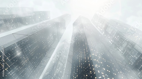 Low angle abstract view of skyscrapers. Polygons, lines, and connected dots. Isolated business buildings on white background. 3D Technology concept of success and business.
