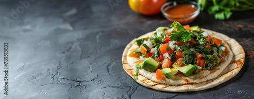 Mexican taco with grilled chicken, avocado, fresh salsa, cilantro and lime on dark background, with copy space.