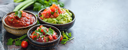 Assorted fresh Mexican salsas in bowls on a dark textured background with copy space.