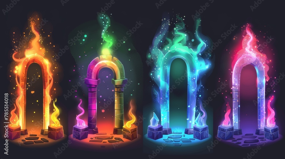 An entrance to a parallel world with glowing colorful plasma and haze, Cartoon modern illustration. Magic portals, fantasy teleports on an alien planet or in a fairy tale.