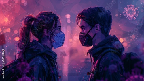 This is a composite illustration of a man and woman wearing surgical masks looking at each other against a world or Earth planet background. This is a low poly wireframe digital modern illustration. photo