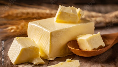 Pieces of butter. Wooden background. 