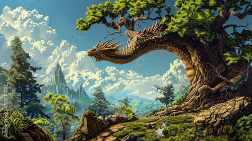 Wood dragon fantasy landscape digital illustration © Ashley