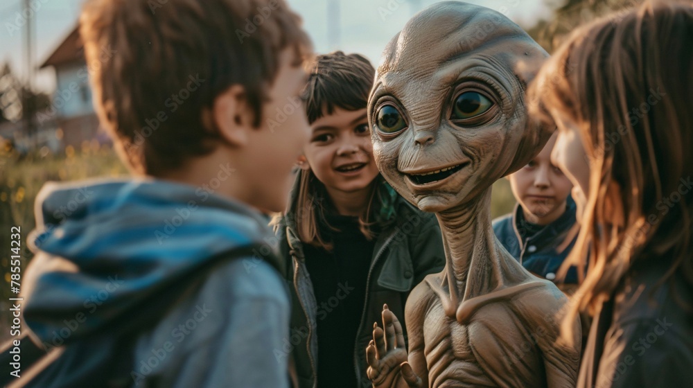 Fototapeta premium Cinematic photo of a friendly extraterrestrial and a group of diverse students laughing together during recess, the playground alive with the sounds of joy and camaraderie 02