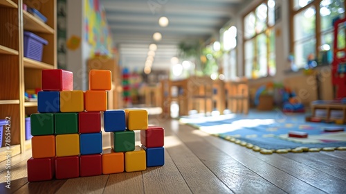 Colorful Building Blocks in Sunlit Classroom