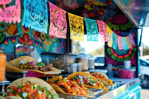 Vibrant Mexican street food setup with colorful papel picado and variety of tacos.