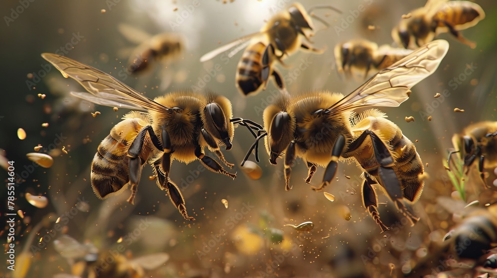 Fototapeta premium Honey bees flying in the air. Macro shot of bees