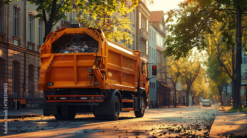 Orange garbage truck collects bins in a sunlit street