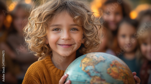 Smiling Child Holding a Globe Surrounded by Friends