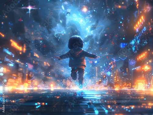 A Curious Child Soaring Through the Ethereal Code Realm of the Digital Universe