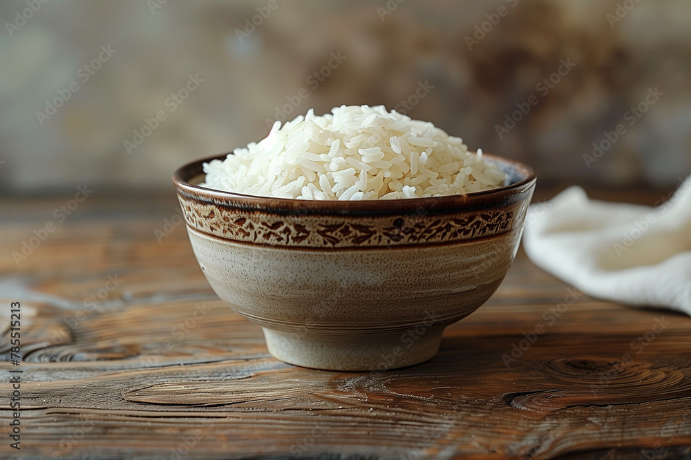 A minimalist image of a white rice bowl on a wooden table. A minimalist image of a white rice bowl on a wooden table.