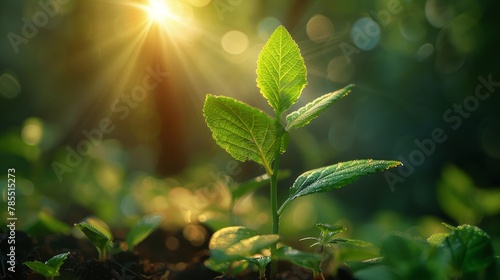 Fresh sapling with CO2 imprint on leaves under a radiant sunbeam photo