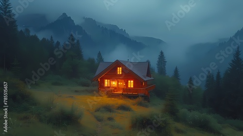 A serene mountain landscape at dusk, with a lone cabin nestled among the trees, illuminated by a warm glow from within