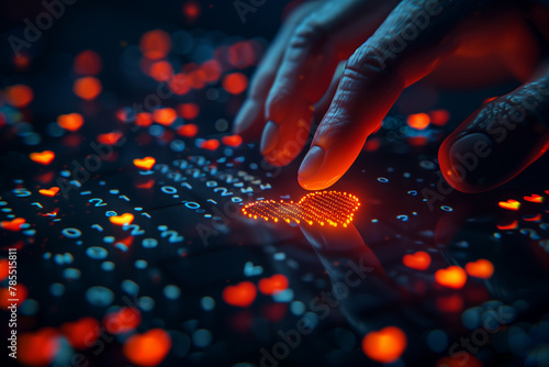 A conceptual image featuring a hand interacting with a heart shape made of illuminated digital pixels, portraying the connection between humans and technology #785515811