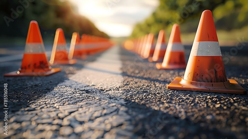 Row of orange traffic cones on sunlit asphalt road, signaling construction zone ahead photo