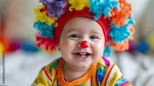 A smiling baby dressed as a clown
