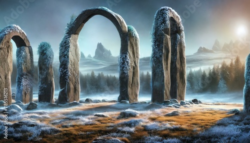 A cold landscape. Frost on the ground. An ancient henge with a circle of tall stones in a clearing, surrounded by forest. Hills in the background. AI Generated photo