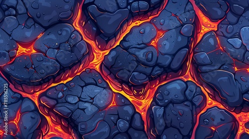 Top view of liquid lava flows and cracks in the ground showing a red glow. Modern seamless patterns of hot molten magma surfaces and cracked rocks.