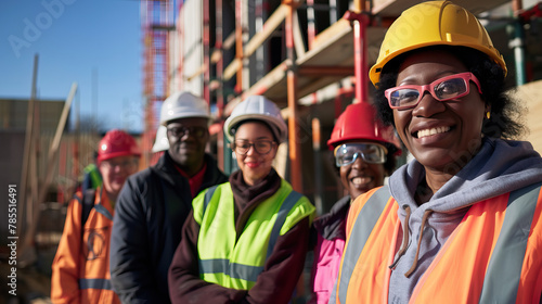 Portrait photography, close-up shot, team of black and mixed ethnicity colleagues on a building site isolated against background. Bright, sunny, smiling, shadow play