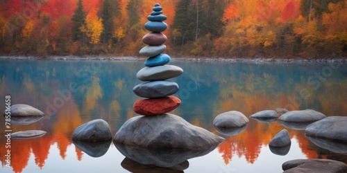 A stack of rocks sitting on top of a body of water photo