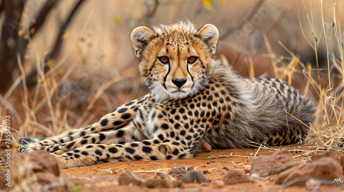 Young cheetah lying on the ground looking ahead