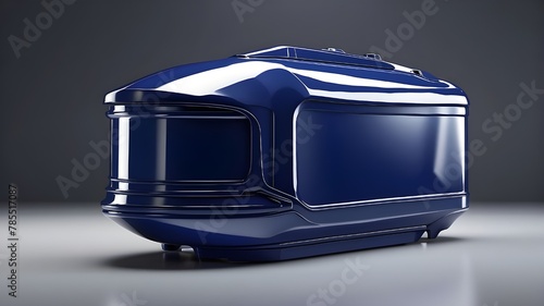 A photorealistic image featuring a futuristic container with a glossy, dark blue finish and sharp angles. The container is depicted standing isolated against a plain white background, highlighting its photo
